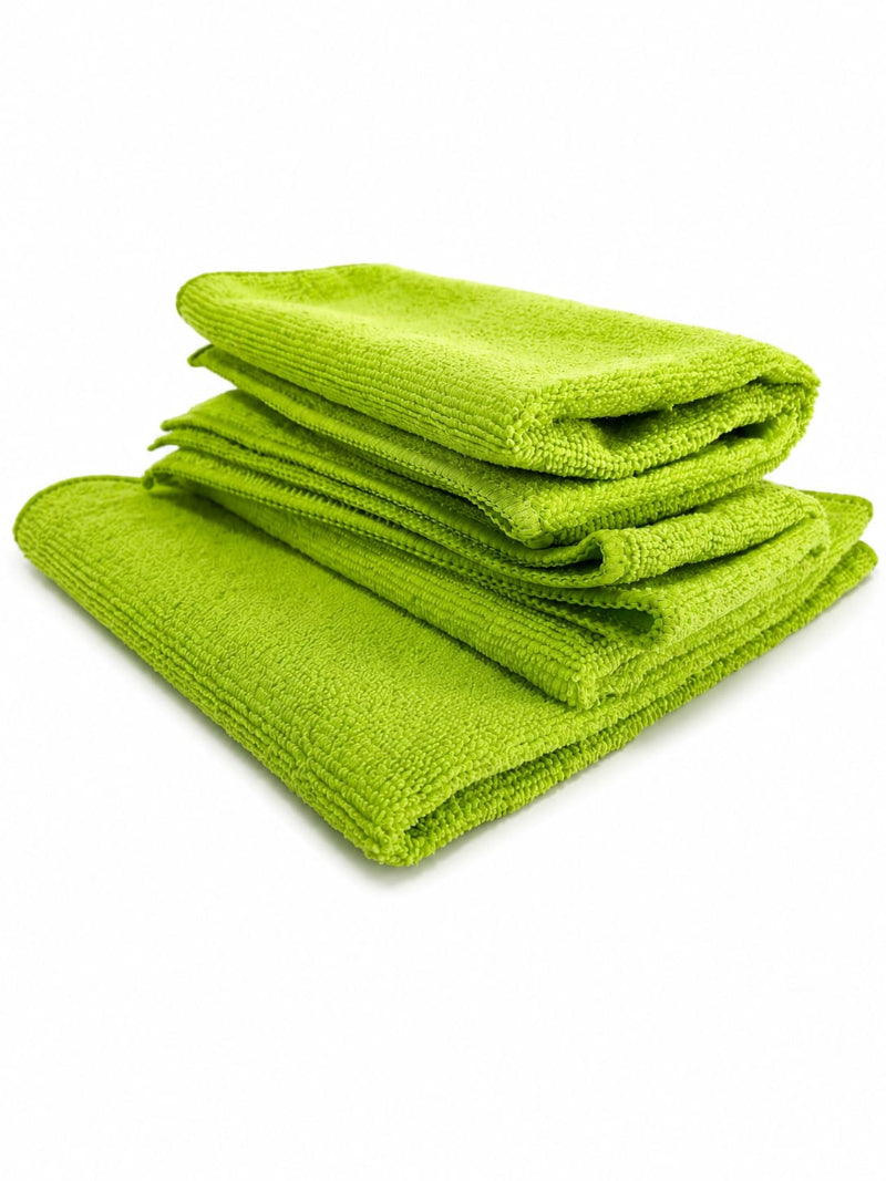 Bayetas de microfibra verdes ECOPRODETAIL para detailing y limpieza del coche, dobladas y apiladas